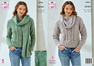King Cole Aran Knitting Pattern - 6502 Ladies Cardigan, Sweater, Cowl & Scarf (4 Designs)