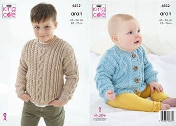 King Cole Aran Knitting Pattern - 6532 Children's Sweater & Cardigan (2 Designs)