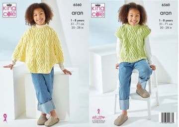 King Cole Aran Knitting Pattern - 6560 Girl's Poncho & Tunic Sweater (2 Designs)
