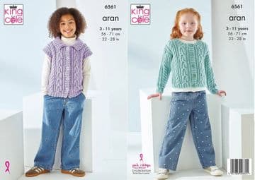 King Cole Aran Knitting Pattern - 6561 Girl's Cardigan & Waistcoat (2 Designs)