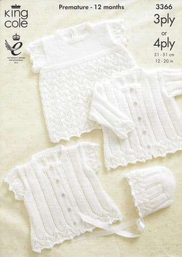 King Cole Baby 3ply & 4ply Knitting Pattern - 3366 Cardigans, Bonnet, Angel Top & Bonnet