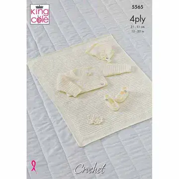 King Cole Baby 4 Ply Crochet Pattern - 5565 Ballet Cardigan, Bonnet, Shoes & Blanket