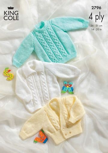 King Cole Baby 4 Ply Knitting Pattern - 2796 Sweater, Jacket & Cardigan