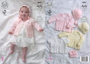 King Cole Baby 4 ply Knitting Pattern - 4687 Matinee Coats, Bonnet, Hat & Bootees