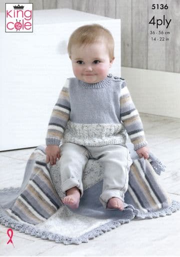 King Cole Baby 4 Ply Knitting Pattern - 5136 Sweater, Cardigan, Waistcoat & Blanket