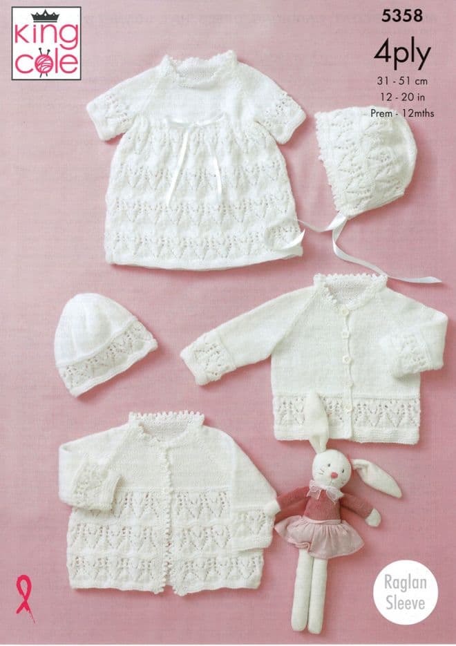 King Cole Baby 4 Ply Knitting Pattern - 5358 Matinee Coat, Cardigan, Dress, Hat, Bonnet & Blanket