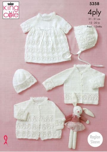 King Cole Baby 4 Ply Knitting Pattern - 5358 Matinee Coat, Cardigan, Dress, Hat, Bonnet & Blanket