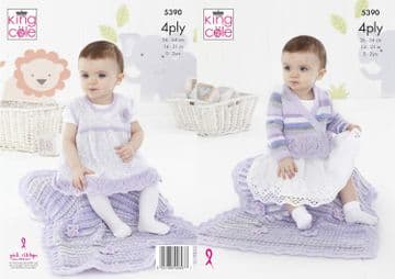 King Cole Baby 4 Ply Knitting Pattern - 5390 Cardigan, Pinafore Dress & Blanket