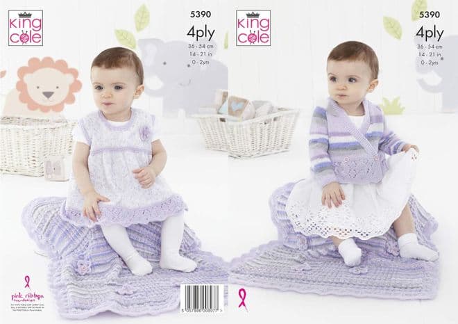 King Cole Baby 4 Ply Knitting Pattern - 5390 Cardigan, Pinafore Dress & Blanket