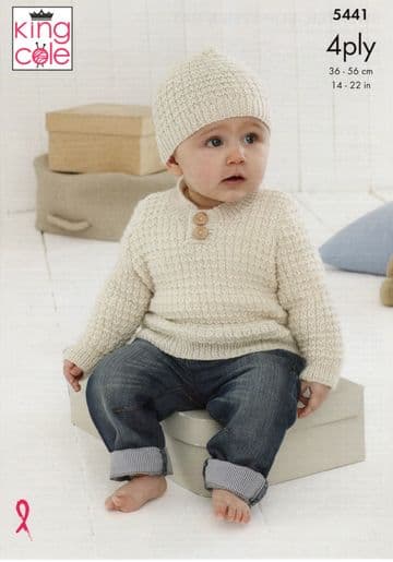 King Cole Baby 4 Ply Knitting Pattern - 5441 Sweater, Hat & Slipover
