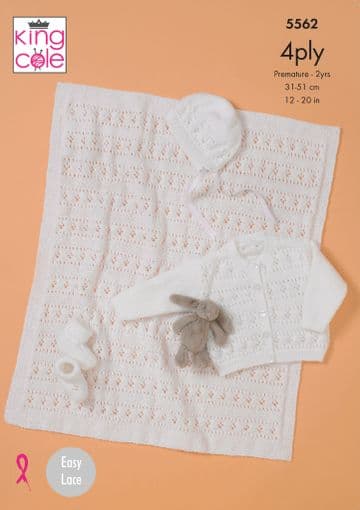 King Cole Baby 4 Ply Knitting Pattern - 5562 Blanket, Cardigan, Bonnet & Bootees