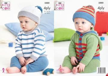 King Cole Baby 4 Ply Knitting Pattern - 5880 Sweater, Trousers, Hat & Hoodie