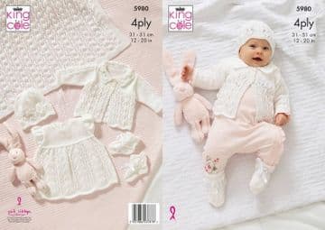 King Cole Baby 4 Ply Knitting Pattern - 5980 Shawl, Matinee Coat, Dress, Hat & Bootees