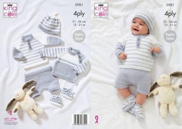 King Cole Baby 4 Ply Knitting Pattern - 5981 Sweaters, Pants, Hat & Bootees