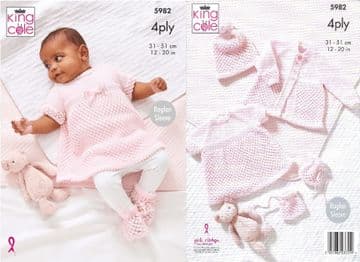 King Cole Baby 4 Ply Knitting Pattern - 5982 Matinee Coat, Angel Top, Hat & Bootees