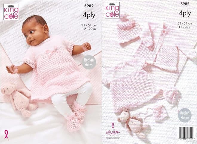 King Cole Baby 4 Ply Knitting Pattern - 5982 Matinee Coat, Angel Top, Hat & Bootees