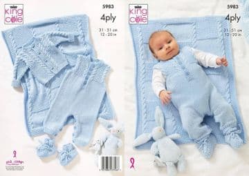 King Cole Baby 4 Ply Knitting Pattern - 5983 Jacket, Dungarees, Bootees & Blanket