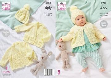 King Cole Baby 4 Ply Knitting Pattern - 5984 Matinee Jacket, Cardigan & Hat