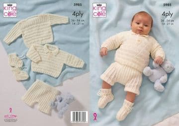 King Cole Baby 4 Ply Knitting Pattern - 5985 Sweaters, Pants & Bootees