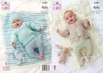 King Cole Baby 4 Ply Knitting Pattern - 6169 Cardigan, Sweater, Hat & Blankets
