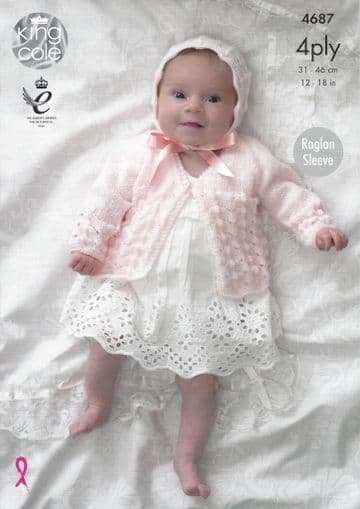 King Cole Baby 4ply Knitting Pattern - 4687 Matinee Coats, Bonnet, Hat & Bootees