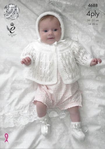King Cole Baby 4ply Knitting Pattern - 4688 Matinee Coat, Cardigan, Bonnet & Bootees