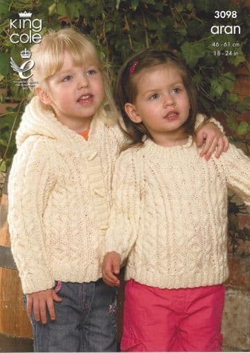King Cole Baby Aran Knitting Pattern - 3098 Sweater, Hooded Jacket & Coat