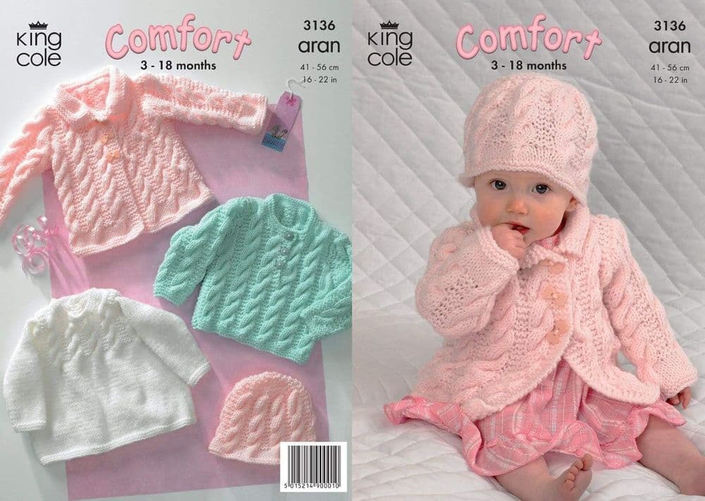 S3168 Pattern King Cole Baby Aran Knitting Pattern - 3136 Coat Dress Sweater & Hat