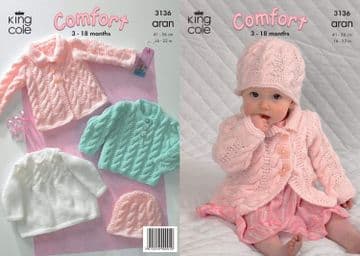 King Cole Baby Aran Knitting Pattern - 3136 Coat, Dress, Sweater & Hat