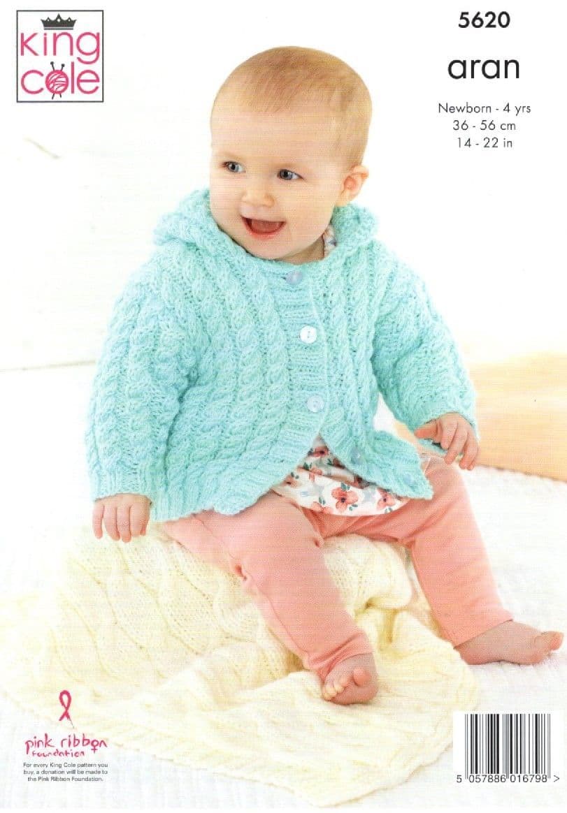 King Cole Baby Aran Knitting Pattern 5620 Jackets Hat & Pram Blanket