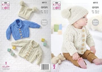 King Cole Baby Aran Knitting Pattern - 6015 Baby Cardigans & Hat