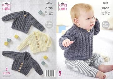 King Cole Baby Aran Knitting Pattern - 6016 Baby Cardigans & Sweater