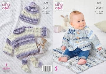 King Cole Baby Aran Knitting Pattern - 6045 Jacket, Top, Hat, Socks & Blanket