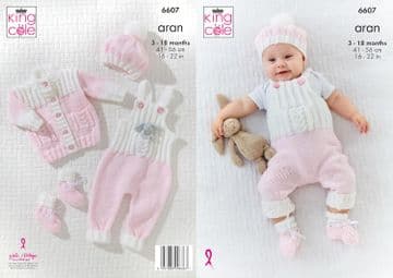 King Cole Baby Aran Knitting Pattern - 6607 Cardigan, Dungarees, Hat & Bootees (4 Designs)