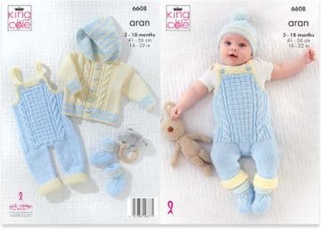King Cole Baby Aran Knitting Pattern - 6608 Dungarees, Jacket, Hat & Bootees (4 Designs)