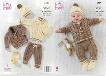 King Cole Baby Aran Knitting Pattern - 6609 Jacket, Trousers, Sweater, Hat & Bootees (5 Designs)
