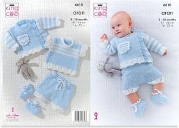 King Cole Baby Aran Knitting Pattern - 6610 Cardigan, Pants, Top & Bootees (4 Designs)