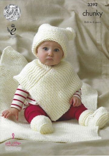 King Cole Baby Chunky Knitting Pattern - 3392 Babies Hat, Poncho, Bootees & Blanket