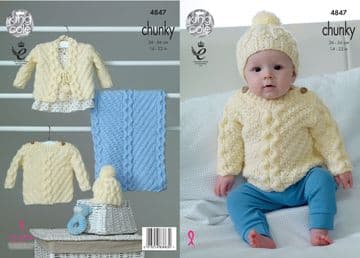 King Cole Baby Chunky Knitting Pattern - 4847 Sweater, Cardigan, Hat & Blanket