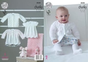 King Cole Baby Chunky Knitting Pattern - 4848 Matinee Coat, Angel Dress, Cardigan & Blanket