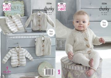 King Cole Baby Chunky Knitting Pattern - 5236 Cardigans & Waistcoats
