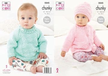 King Cole Baby Chunky Knitting Pattern - 5845 Cardigan, Sweater & Hat