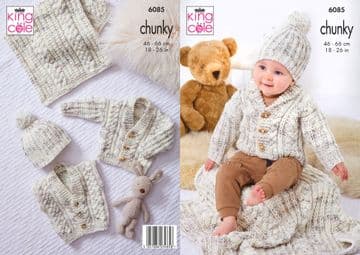 King Cole Baby Chunky Knitting Pattern - 6085 Jacket, Cardigan, Gilet, Hat & Blanket