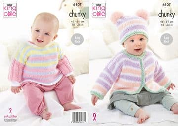 King Cole Baby Chunky Knitting Pattern - 6107 Cardigan, Hat & Top