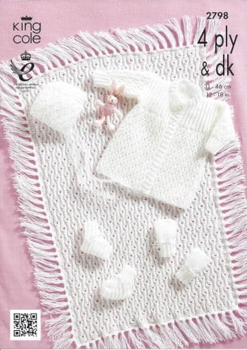 King Cole Baby DK & 4ply Knitting Pattern - 2798 Matinee Coat, Bonnet, Bootees & Mitts, Pram Cover
