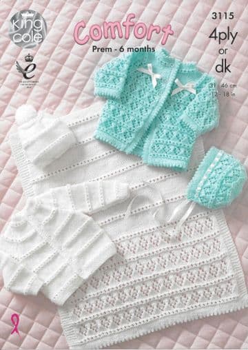 King Cole Baby DK & 4ply Knitting Pattern - 3115 Coat, Cardigan, Bonnet, Hat & Pram Cover