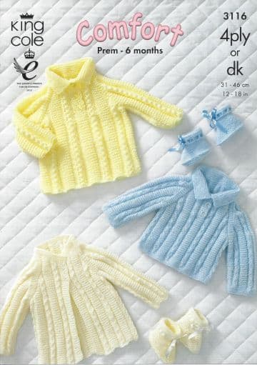 King Cole Baby DK & 4ply Knitting Pattern - 3116 Sweater, Dress, Coat & Bootees