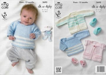 King Cole Baby DK & 4ply Knitting Pattern - 3695 Jacket, Sweater, Gilet & Moccasins