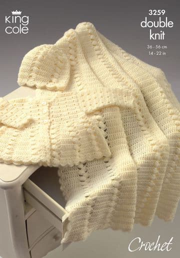 King Cole Baby DK Crochet Pattern - 3259 Coat, Shawl & Hat