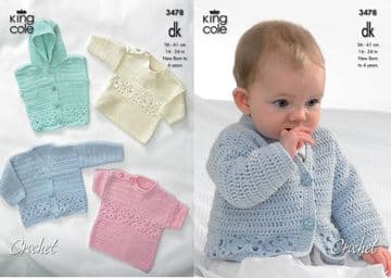 King Cole Baby DK Crochet Pattern - 3478 Cardigan, Hooded Gilet, Sweaters